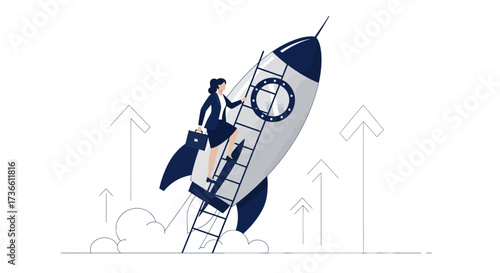 Businesswoman climbing a rocket ship representing career success and growth