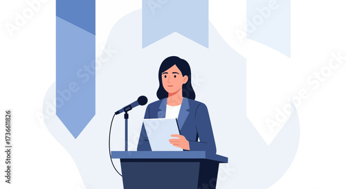 Businesswoman Presenting Her Ideas Or A New Strategy Wearing Blue Suit On Stage