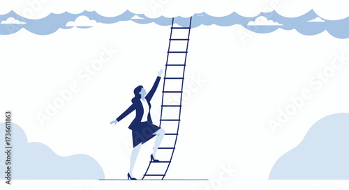 Businesswoman Climbing Ladder Reaching Sky Achieving Goals and Facing New Challenges
