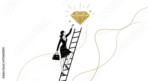 Businesswoman climbing ladder to reach diamond concept of success and achieving goals