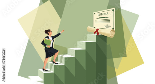 Businesswoman Climbing Stairs Towards Degree, Achievement and Professional Advancement