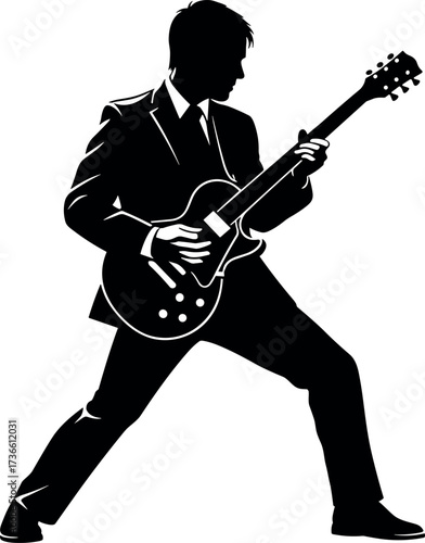 Silhouette of electric guitar player in suit performing energetic rock music on stage, dynamic pose, black and white vector art