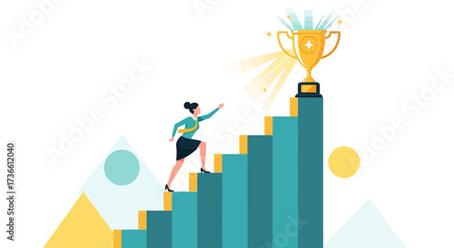 Businesswoman Climbing Stairs with a Trophy on Top Symbolizing Success and Achievement