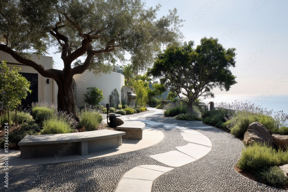 Obraz premium A serene pathway winds its way through a peaceful garden by the sea, adorned with distinctive stone designs and surrounded by vibrant greenery. It basks under the bright, clear sky at midday.