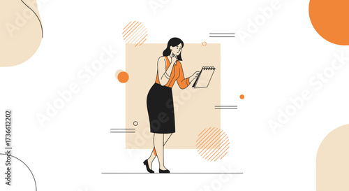 Businesswoman contemplating notes in a notebook, modern flat design minimalist woman