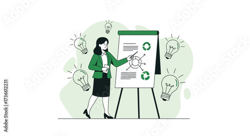 Businesswoman Presenting Sustainability Ideas with Light Bulbs on a Whiteboard