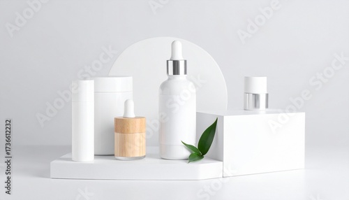 Minimalist skincare product display with white platforms, gray background, and natural green leaves accent.