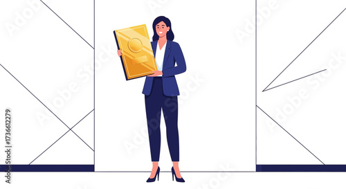 Businesswoman Presenting Trophy of Achievement to Celebrate Corporate Successes Visually