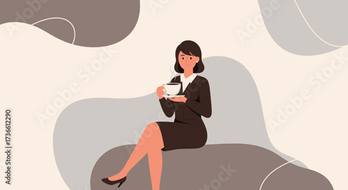 Businesswoman enjoying a cup of coffee, relaxing during work hours in a modern office