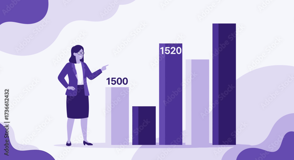 Obraz premium Businesswoman Explaining Data Visualization Using Column Charts, Illustrating Growth