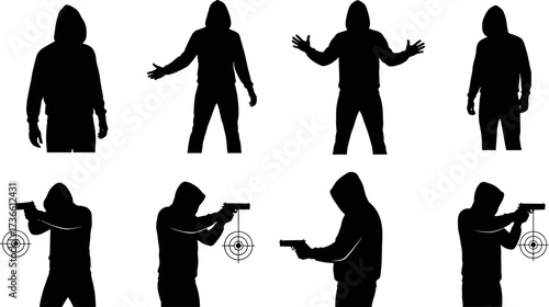 Silhouette of hooded men in aggressive and threatening poses with guns and target symbols isolated on white background vector illustration