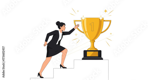Businesswoman Pursuing Trophy Visualization Achieving Success in Professional Endeavors