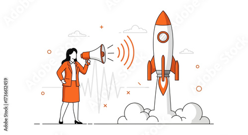Businesswoman Promoting Space Travel With Rocket Launch and Megaphone Illustration Concept