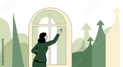 Businesswoman Gazing Out Window at Rising Arrows Forecasting Market Growth, Success