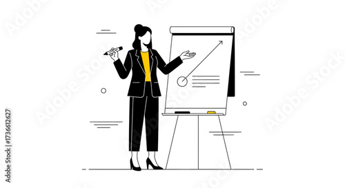 Businesswoman giving a presentation with a flip chart, with analysis and charts