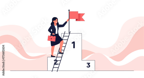 Businesswoman Reaching Victory: Achiever Climbing Podium To Place The Flag, Success