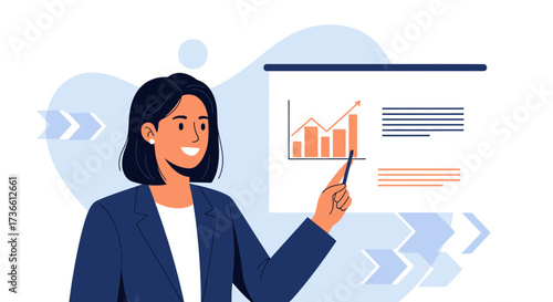Businesswoman giving a presentation with charts and data on a whiteboard display