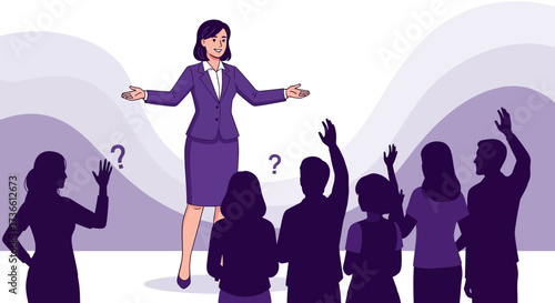 Businesswoman Giving a Presentation with Audience Asking Questions in Illustration Style