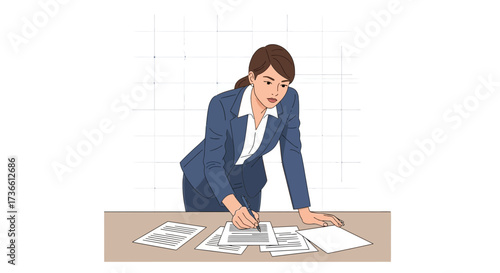 Businesswoman Reviewing and Signing Documents at Desk in Office Environment or Workspace