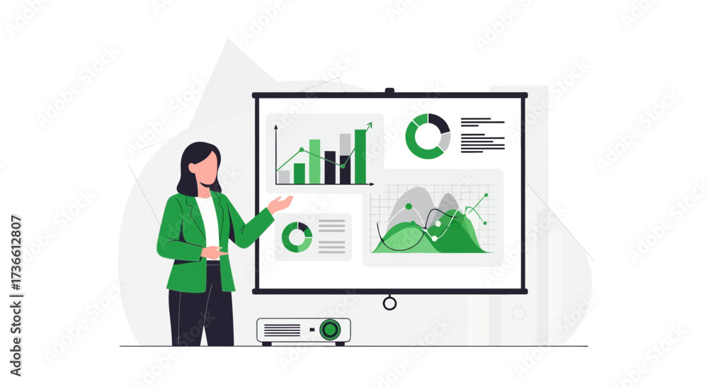Fototapeta premium Businesswoman giving presentation on a chart vector illustration flat design style