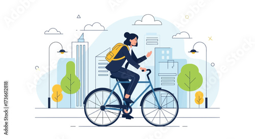 Businesswoman riding a bicycle in the city, commuting to work illustration