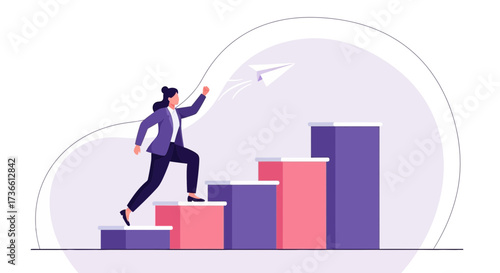 Businesswoman Scaling Heights Achieving Success with Paper Airplane and Elevated Platforms