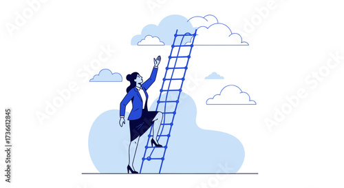 Businesswoman Scaling A Ladder Reaching Towards The Celestial Horizon and Cloudy Sky Illustration