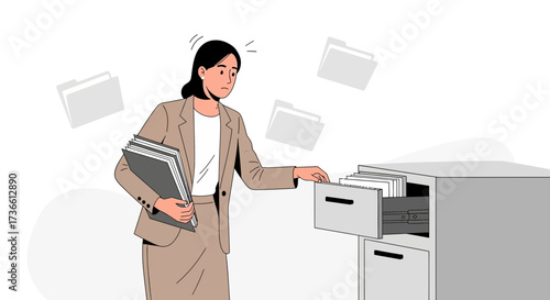Businesswoman searching files in a filing cabinet, office work and organization