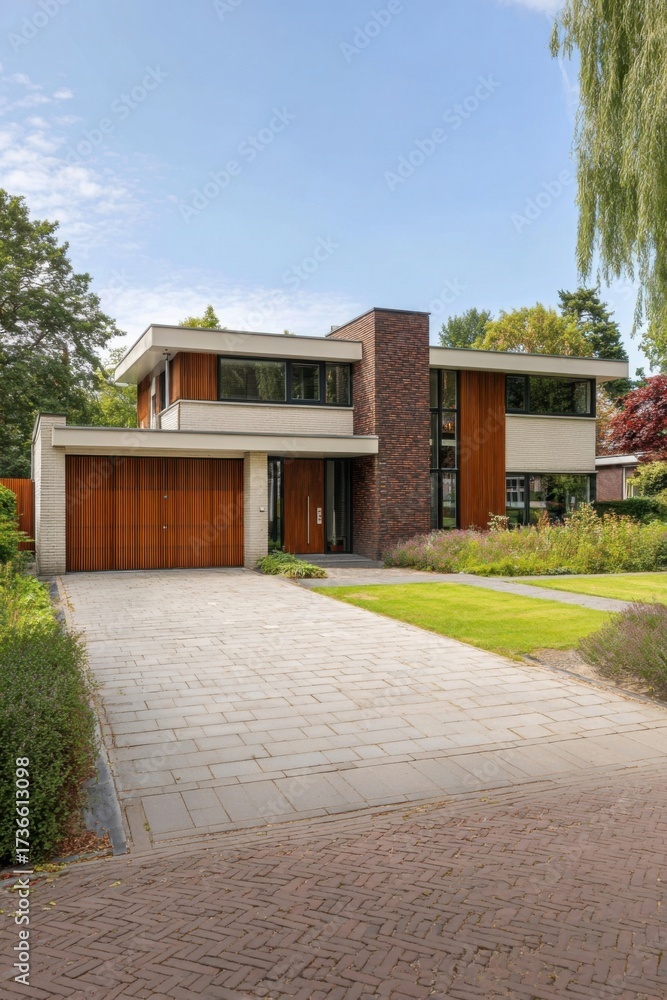 Naklejka premium Modern two-story house with large windows and a spacious driveway surrounded by greenery on a sunny day in a suburban neighborhood