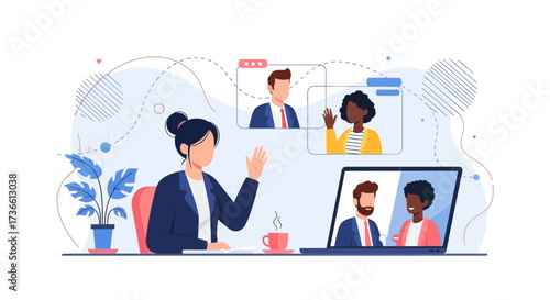 Businesswoman greeting colleagues in a video conference meeting on a laptop screen