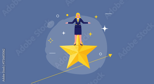 Businesswoman Standing Atop Of Large Rising Star With Success Concept Design
