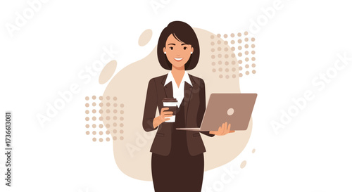 Businesswoman holding a laptop and coffee cup, in a modern minimalist illustration