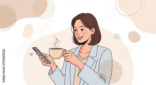 Businesswoman Taking a Break Holding Coffee and Using Smartphone Modern Illustration