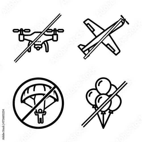 A set of icons depicting prohibited activities: drones, airplanes, parachutes, and balloons, all crossed out.