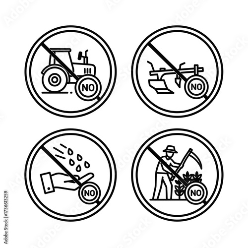 Four circular signs with agricultural activities crossed out.