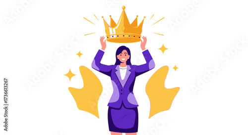 Businesswoman Triumphantly Holding Crown symbolizing Victory and Success in Business