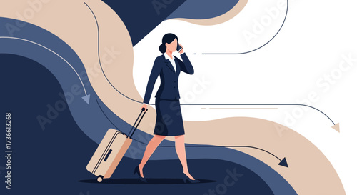 Businesswoman traveling with luggage while on the phone, representing travel and business concepts