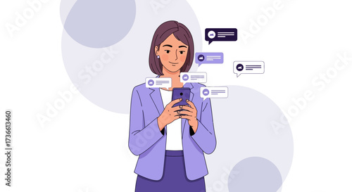 Businesswoman Using Smartphone with Message Bubbles Indicating Chat and Communication