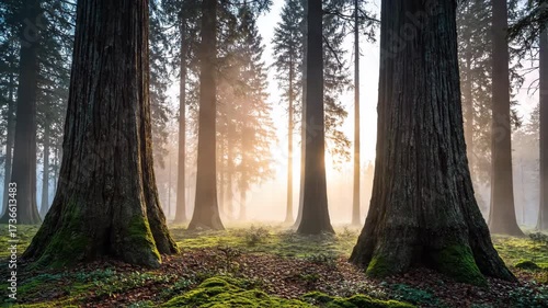 Mystical forest fog slowly dissipates among ancient trees at dawn, revealing a breathtaking natural scene in a captivating timelapse cinematic, ancient trees, calm