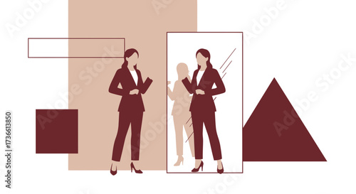 Businesswoman in suit looking in the mirror, confidence and self-reflection concept