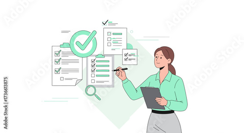 Businesswoman with checklists, checks, and magnifying glass in a modern flat illustration no special word