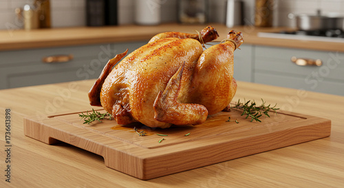 Roast chicken on a wooden board with seasonings.