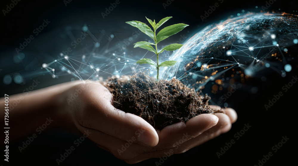 Fototapeta premium Hands holding a growing plant with digital network and planet earth.