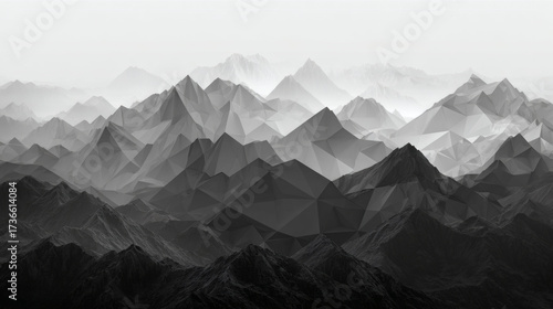 Geometric mountain range in shades of gray, creating a dramatic landscape.