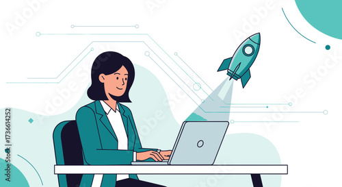 Businesswoman Launching Rocket With Laptop Suggesting Startup, Progress, And Achievements