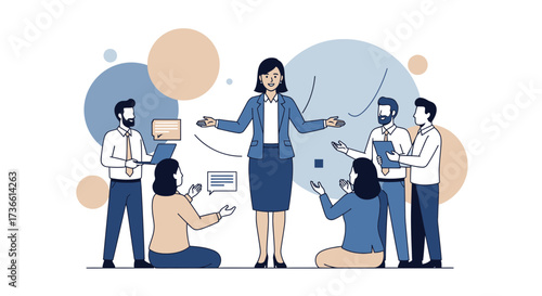 Businesswoman leading a team of professionals in a modern and stylish illustration