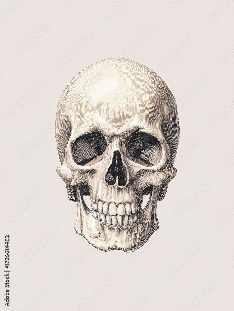 Fototapeta premium Anatomical drawing of a human skull displaying intricate details of its structure, making it suitable for educational use and study in anatomy.