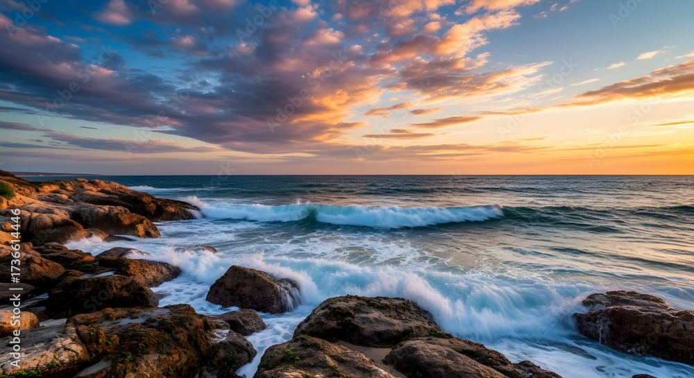 Obraz premium Vibrant Sunset Over Rocky Coast: Ocean Waves Crashing on Shore at Golden Hour | Breathtaking Seascape Nature Landscape