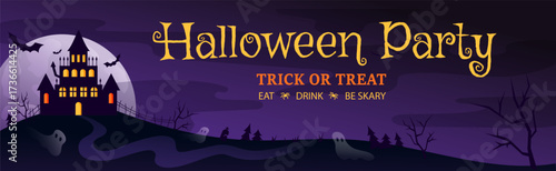Spooky Halloween background with haunted house silhouette and pumpkin banner. Vector night party design for trick or treat events and autumn wallpaper.