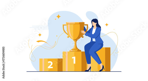Businesswoman on Top a Success Podium Holding a Trophy Illustrating Achievement